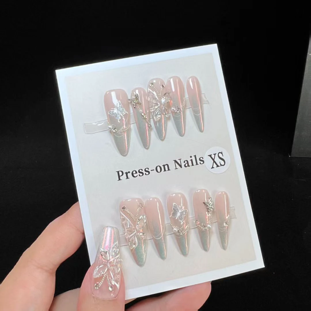 手工穿戴甲极光蝴蝶碎冰冰显白高级感美甲贴片