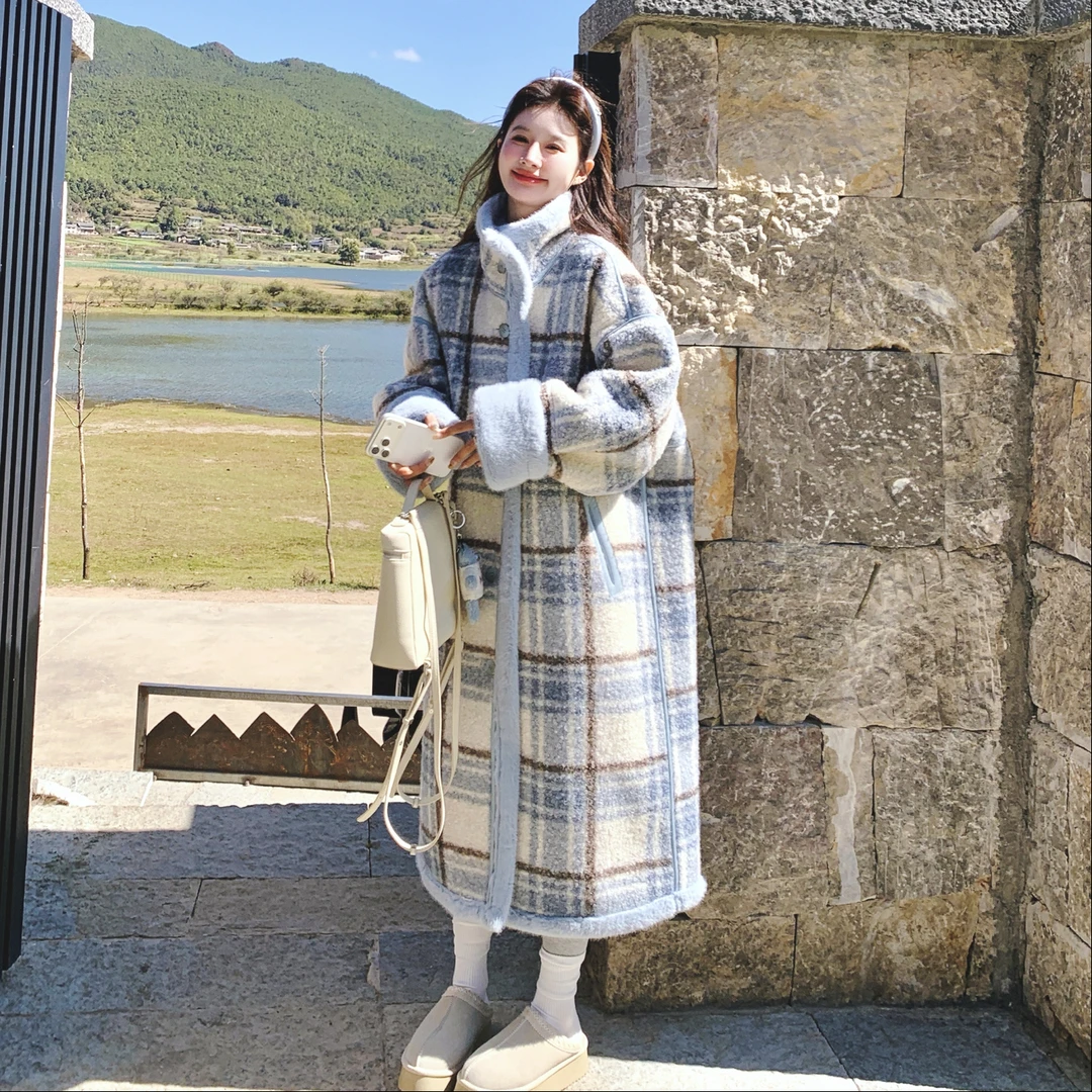 双面穿百搭蓝格长款皮毛一体加绒外套女2025冬新款超好看棉服大衣