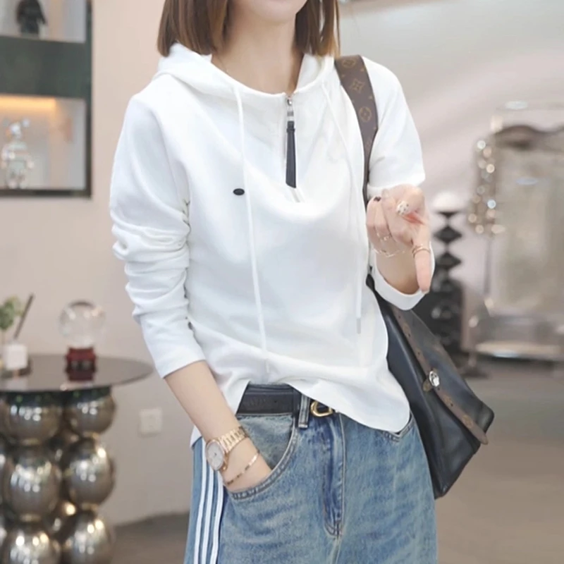 宽松显瘦百搭上衣秋季新款胖MM大码女装气质半拉链长袖连帽卫衣女