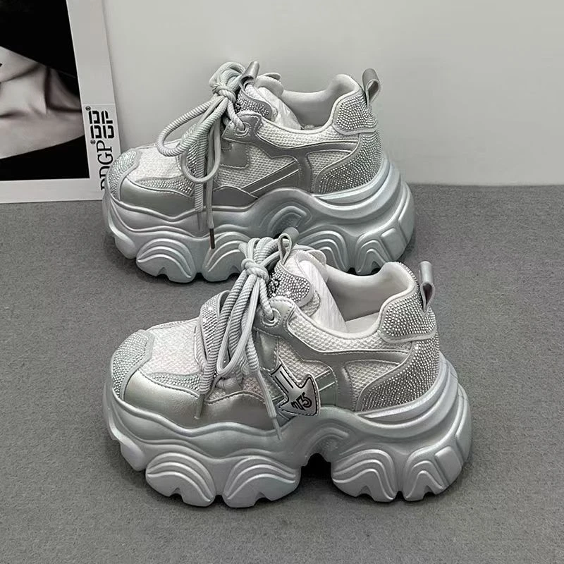 银色亮片老爹鞋女夏季新款ins超火10cm厚底内增高轻便休闲运动鞋