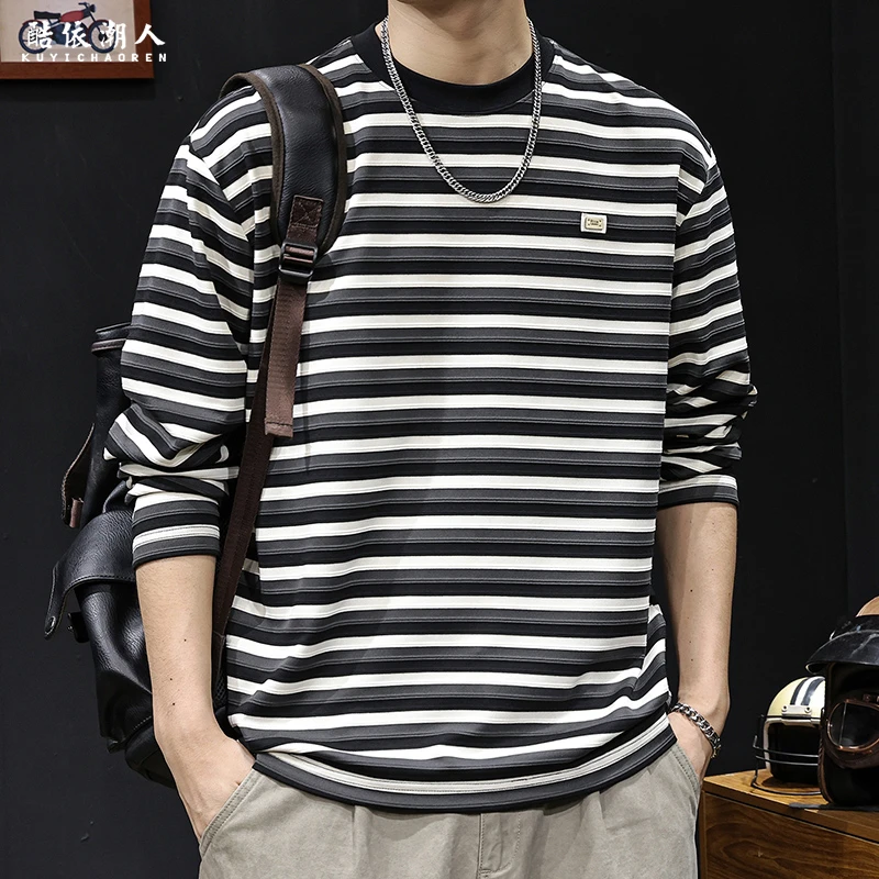 条纹长袖t恤男士春秋款2025秋季新款美式百搭宽松圆领内搭打底衫