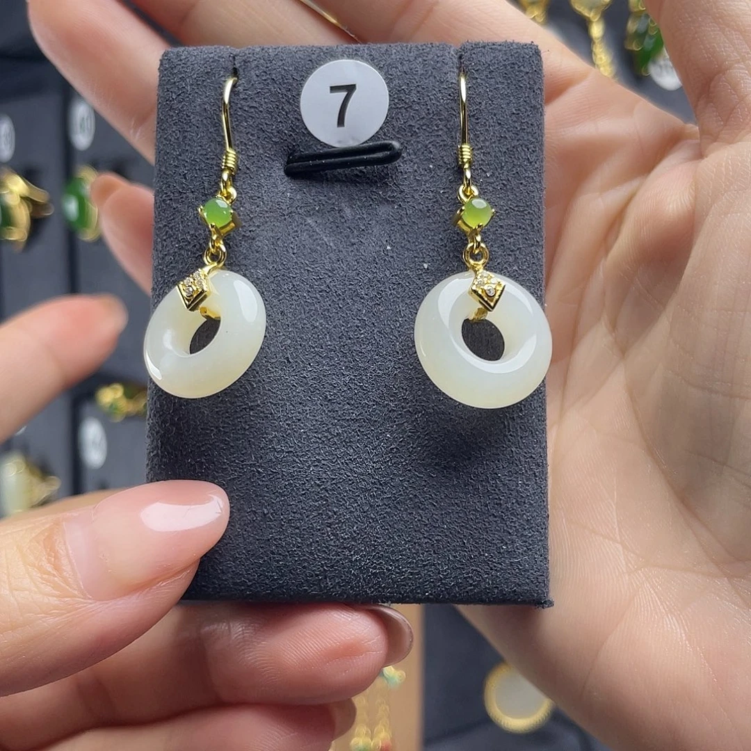 和田玉银S925镀金镶嵌耳饰