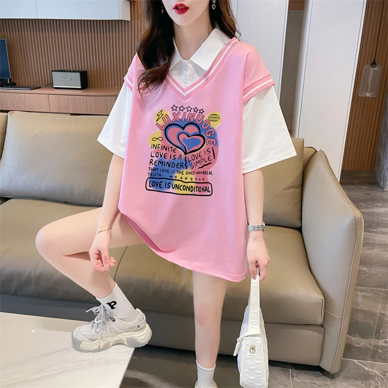 国风复古卡通Polo领短袖体恤潮牌2025夏季中长款舒适休闲外穿上衣