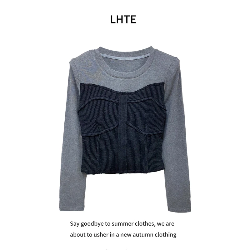 青青大码女装 灰色针织打底秋冬收腰显瘦气质拼接假两件C1193