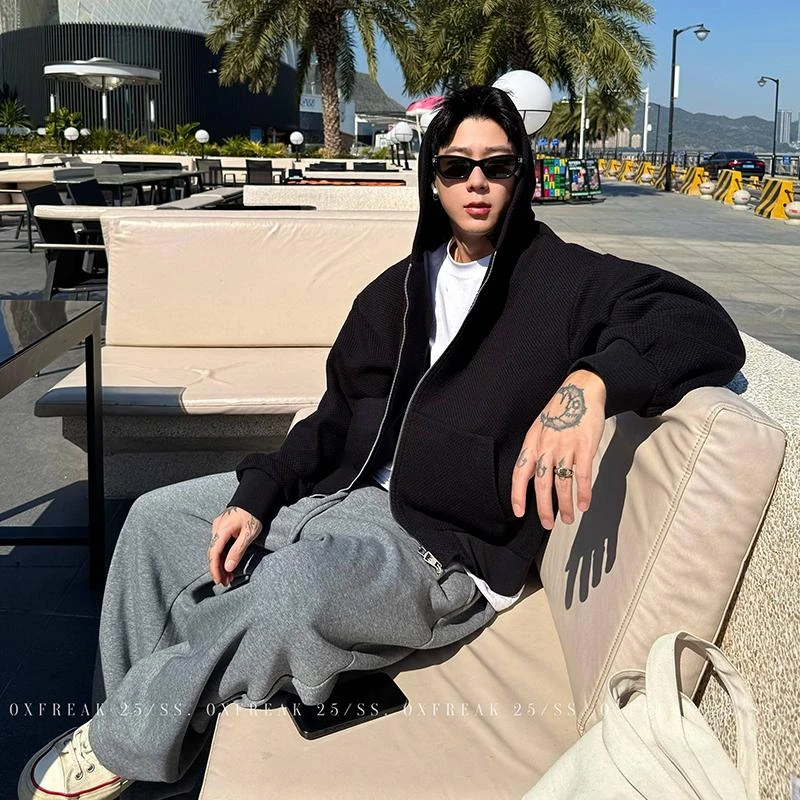 OXFREAK 「菠萝纹 肌理感」700G重磅开衫卫衣男连帽短款宽松外套