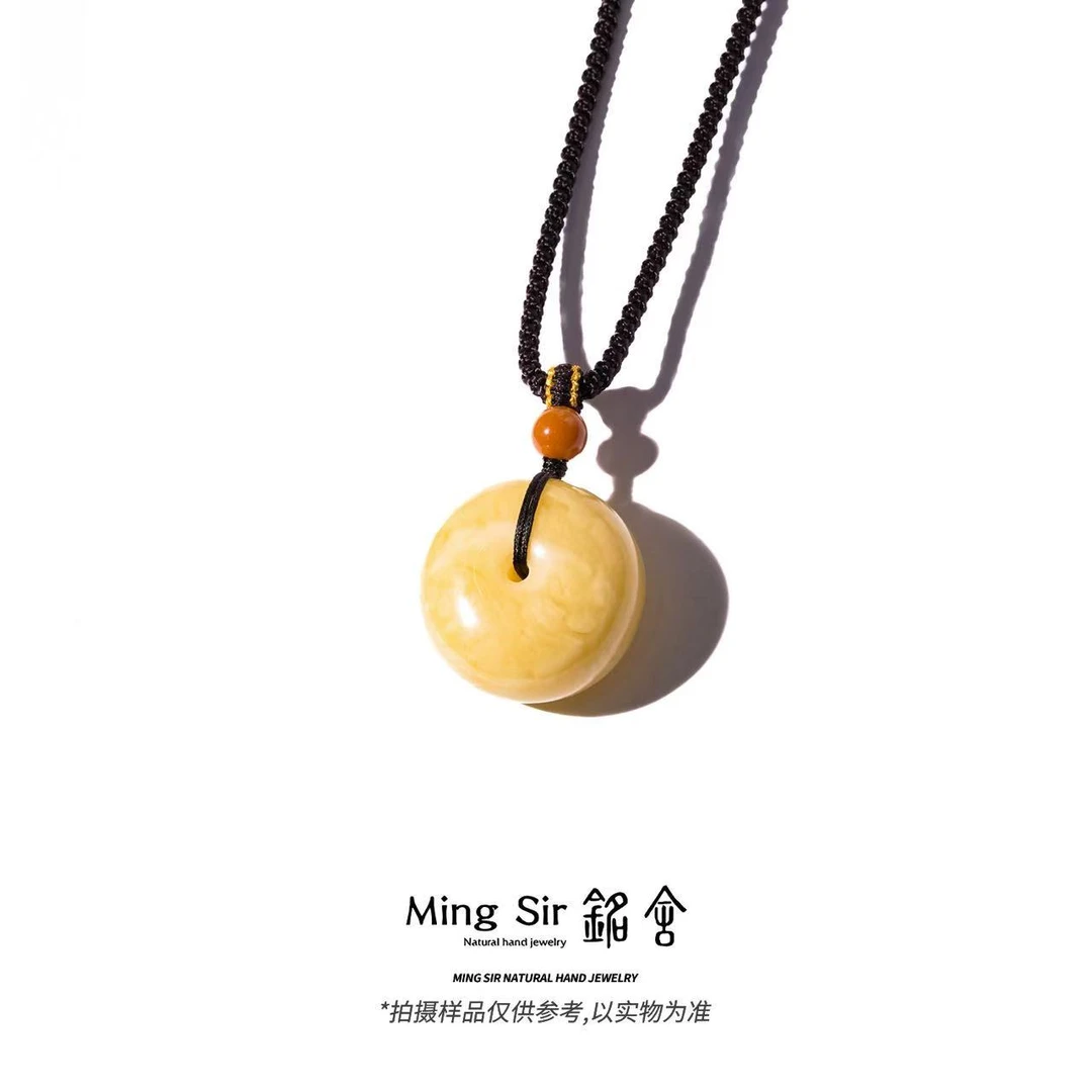 【铭舍 新长安浓白花】天然俄料琥珀蜜蜡平安扣吊坠大克重颈饰珠宝