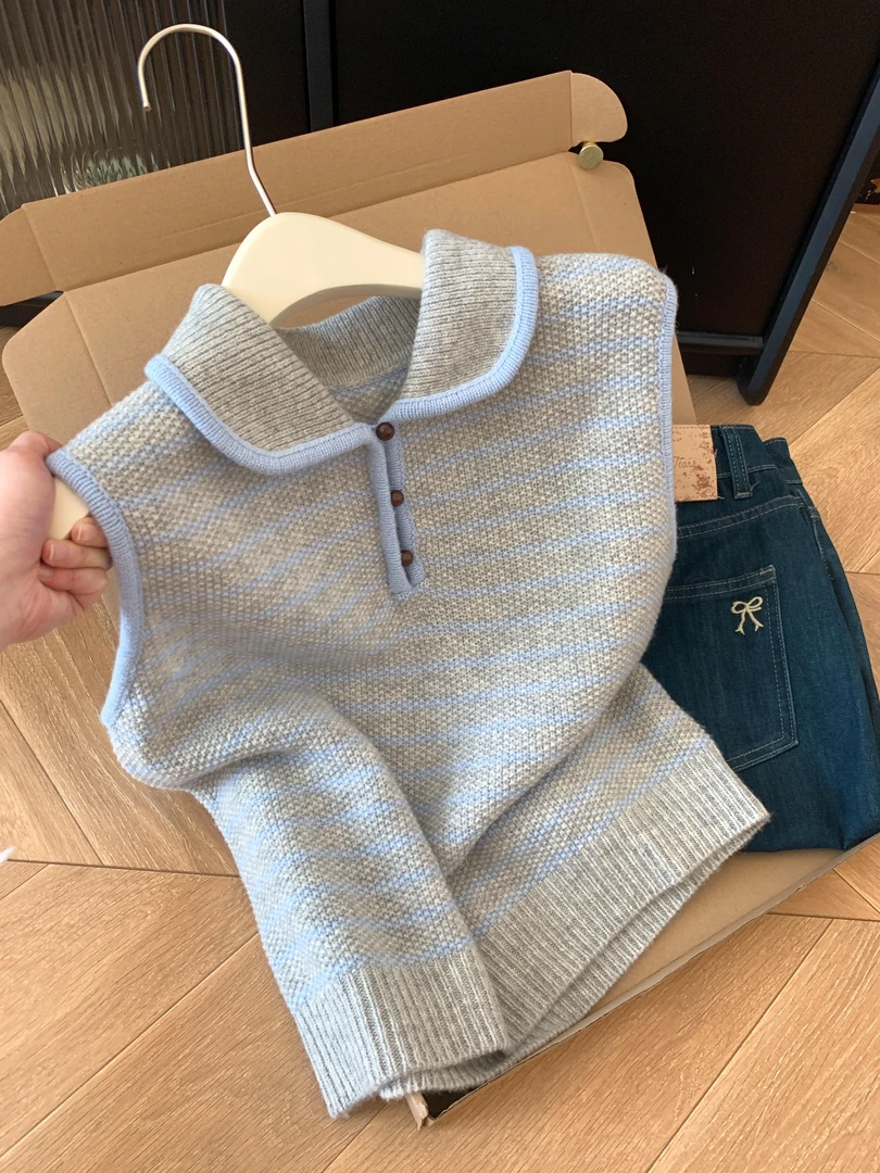 2025秋季新款韩系氛围感慵懒风马甲翻领针织复古拼色无袖气质背心