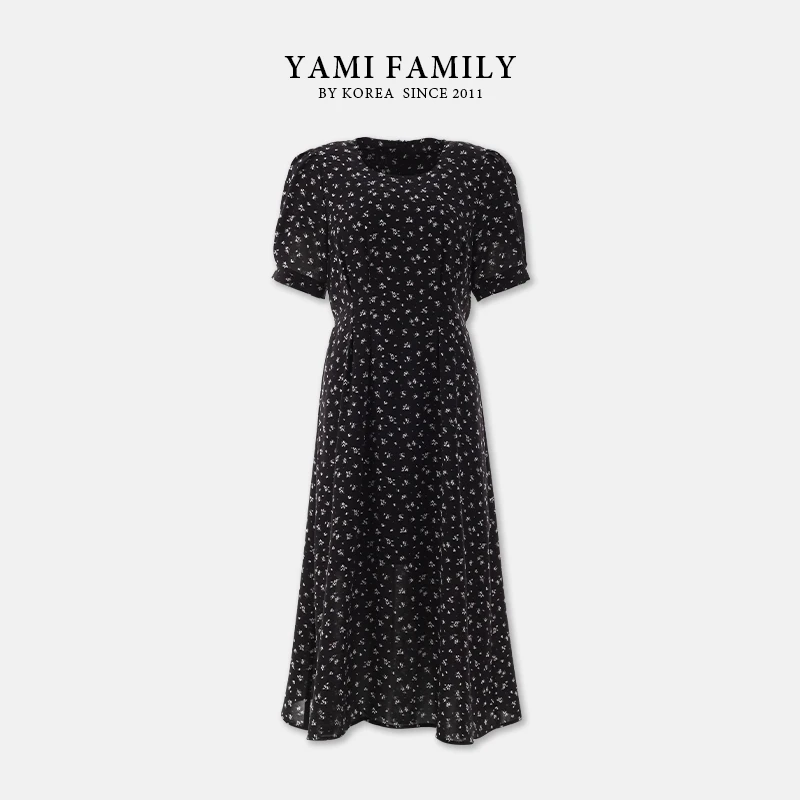 YM-LYQ-2512 碎花连衣裙显瘦气质时尚夏季黑色印花收腰泡泡袖