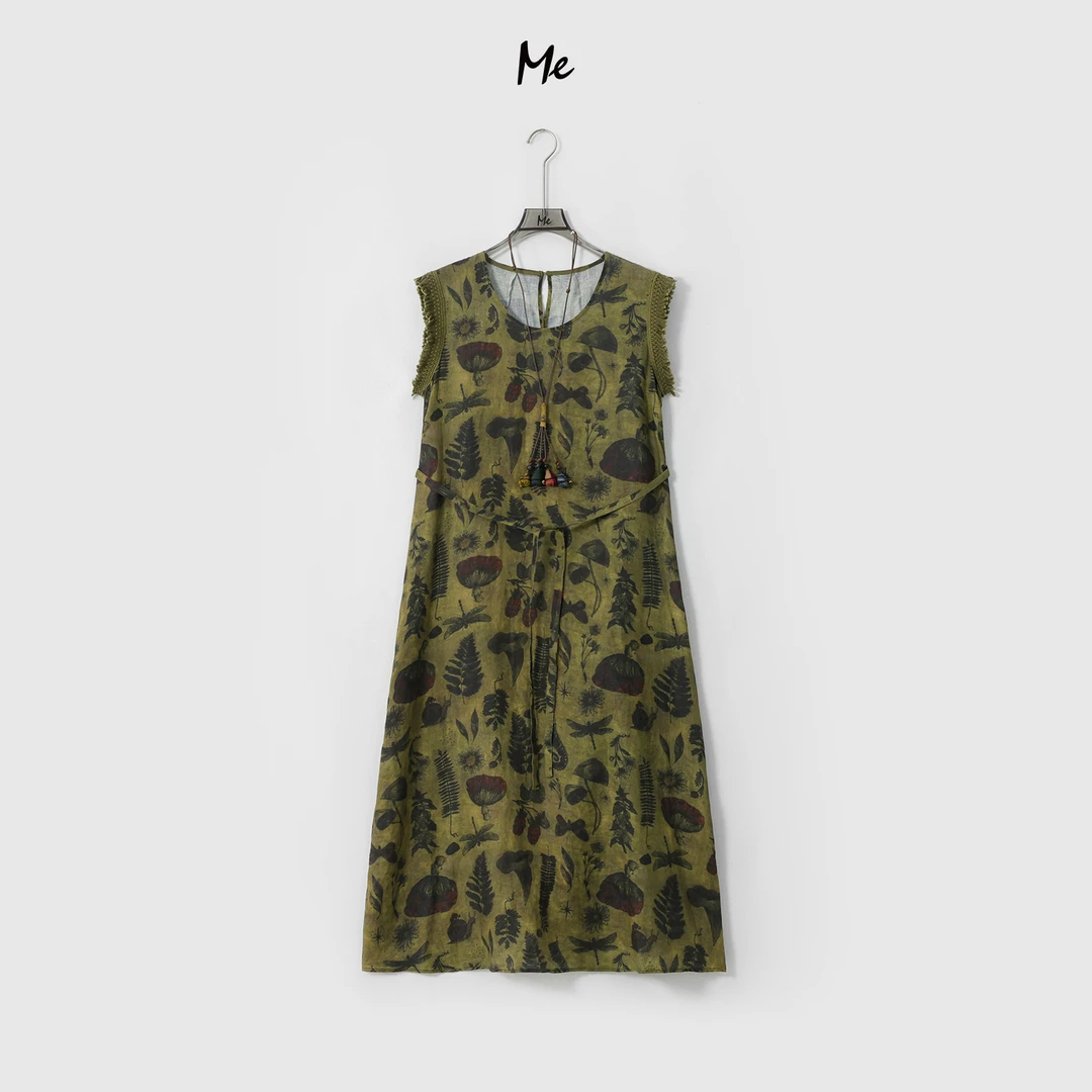 ME【100%亚麻椰林夏裙 （含腰带+挂坠）】植物印花时尚连衣裙MESS6737
