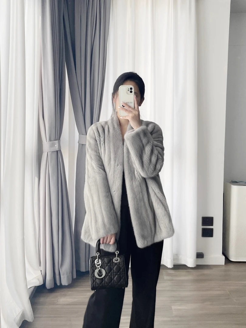 人造皮草 中长款仿全抽刀水貂大衣富贵款女士皮草宽松V领慵懒贵气