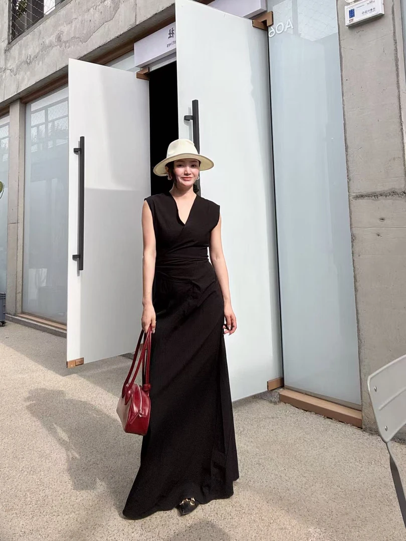 V领高腰常规A字裙无袖长裙连衣裙时尚气质收腰法式