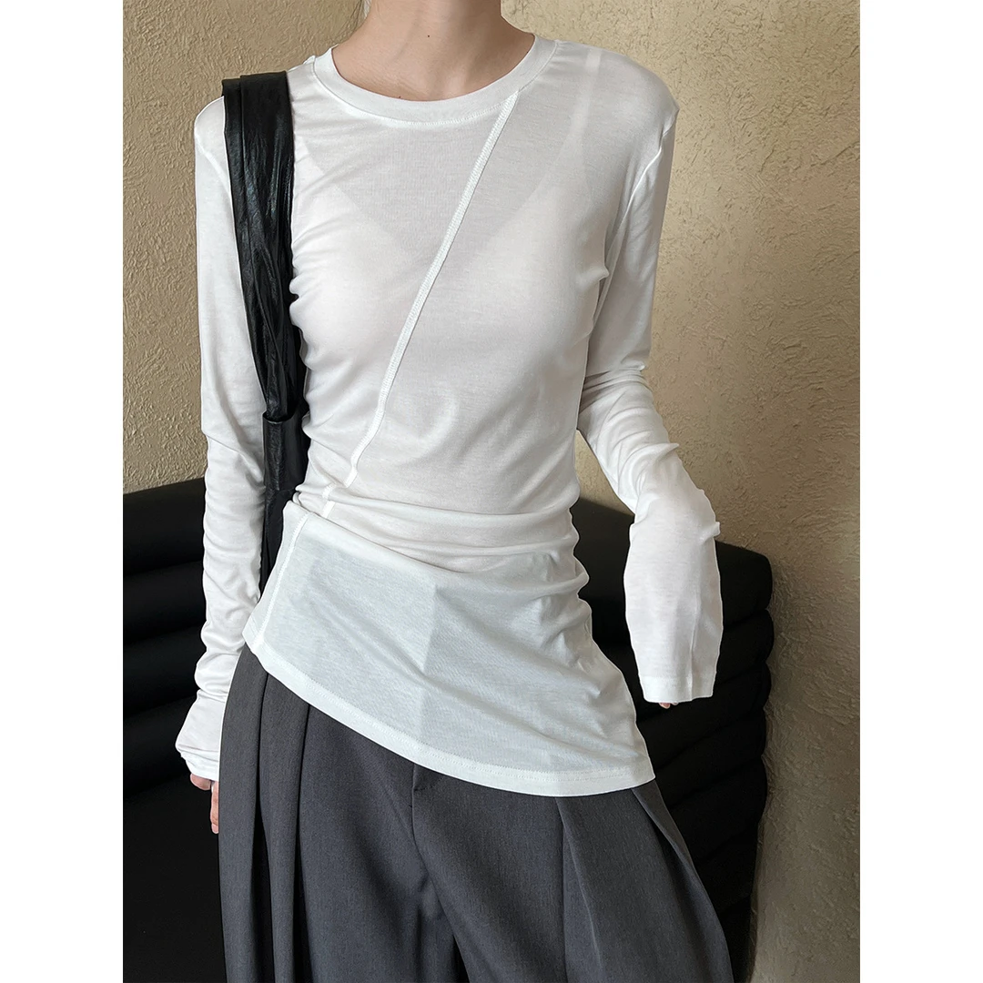 韩系不规则修身T恤女2025春季新款切割线堆皱打底衫上衣2870