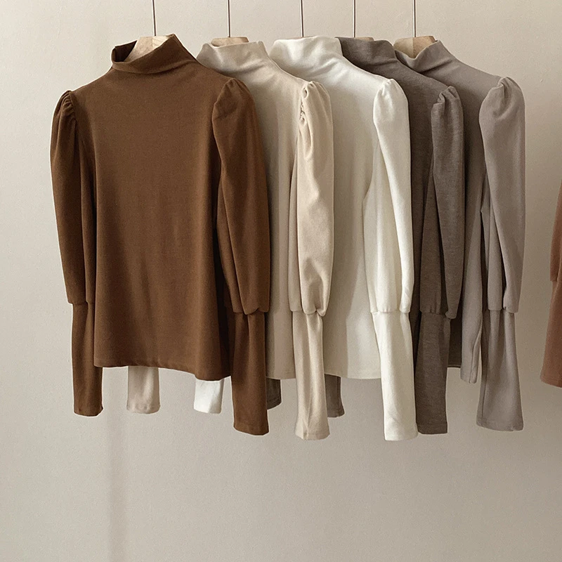 2025春季泡泡袖双面磨毛T恤女冬季高领法式基础内搭打底衫上衣