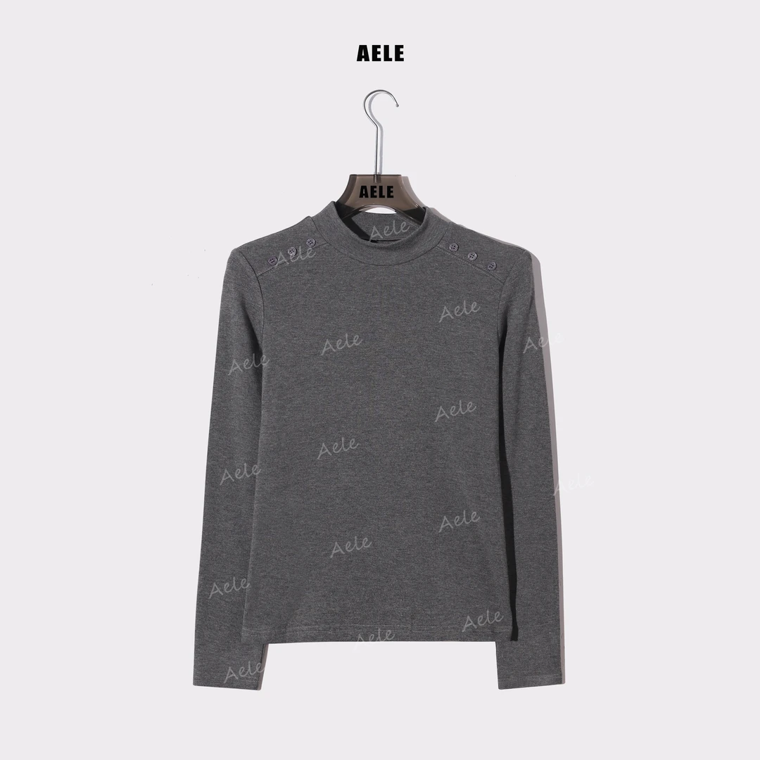 AELE半高领肩扣上衣女修身简约风长袖打底衫T恤 T86B 5181 AD