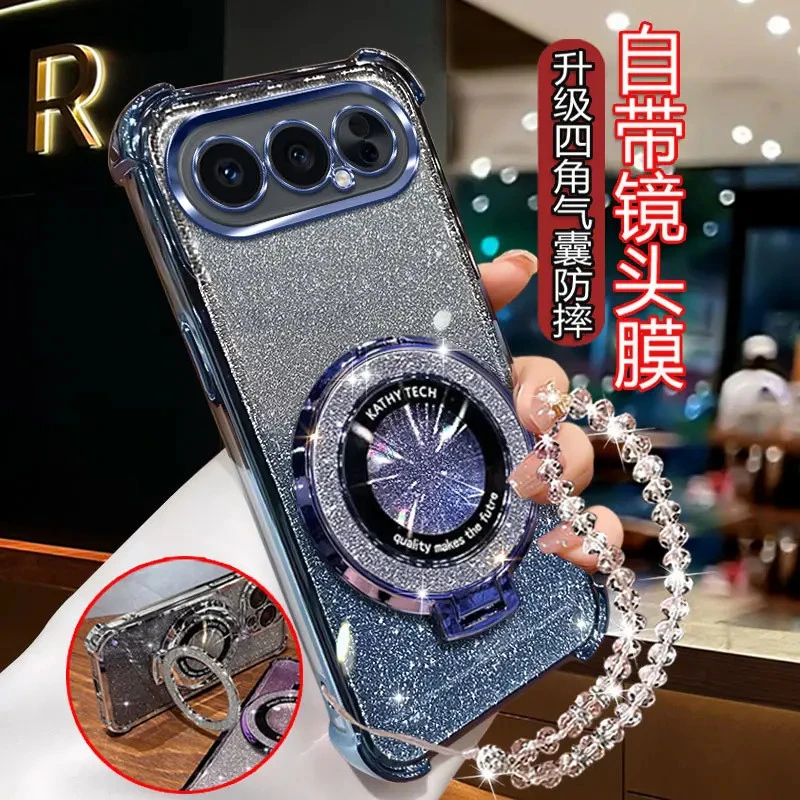 适用荣耀500pro手机壳新款高质量镜头全包闪粉CD支架女轻奢保护套