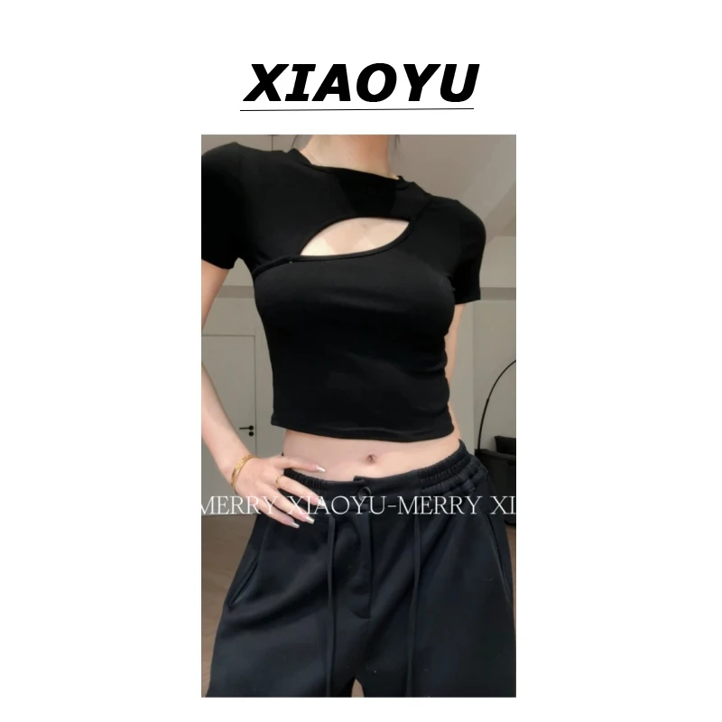 小鱼【莫奈玫瑰】设计感镂空圆领修身上衣辣妹夏季显瘦露脐T恤