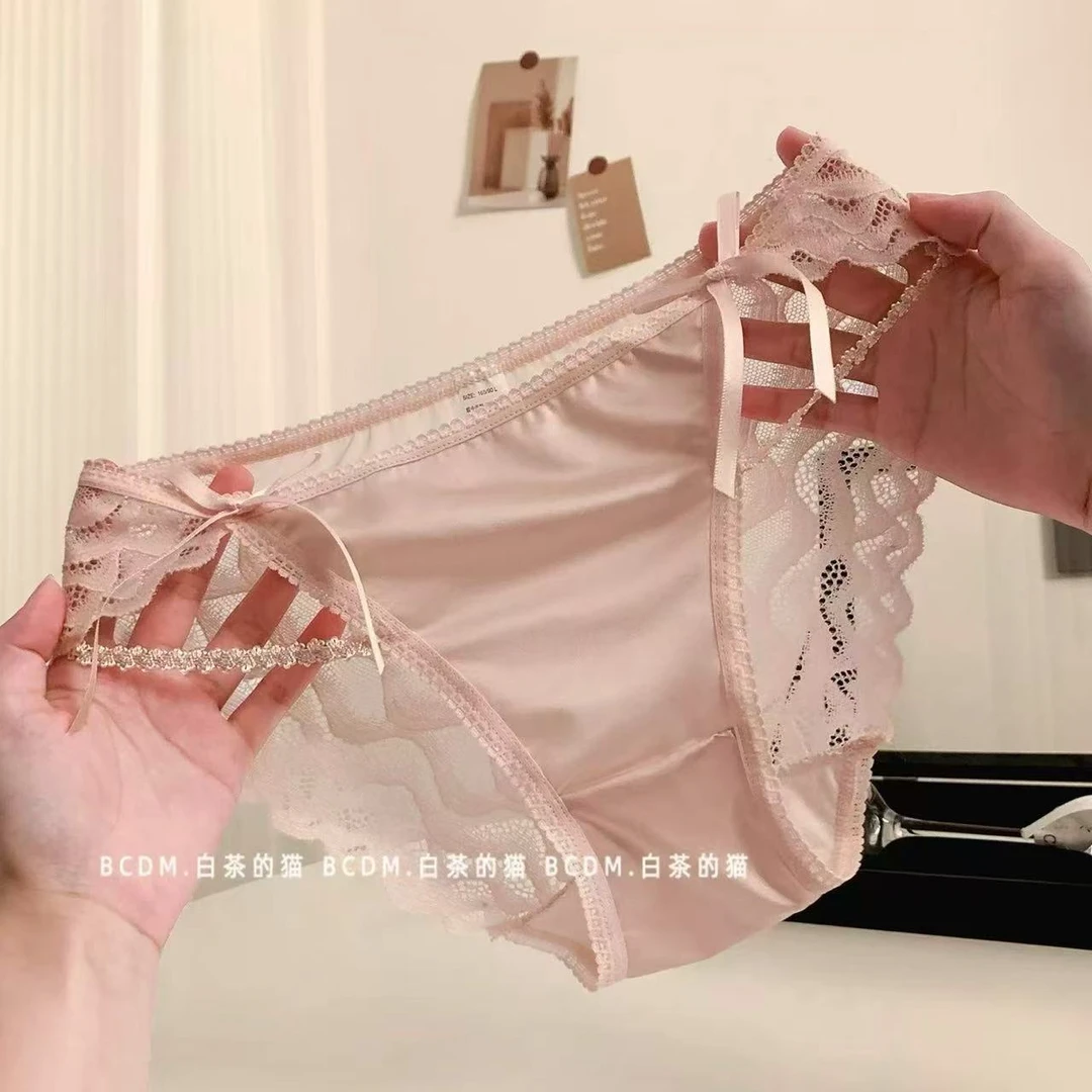 法式纯欲风蕾丝蝴蝶结内裤女性感镂空高开叉冰丝三角裤女女士