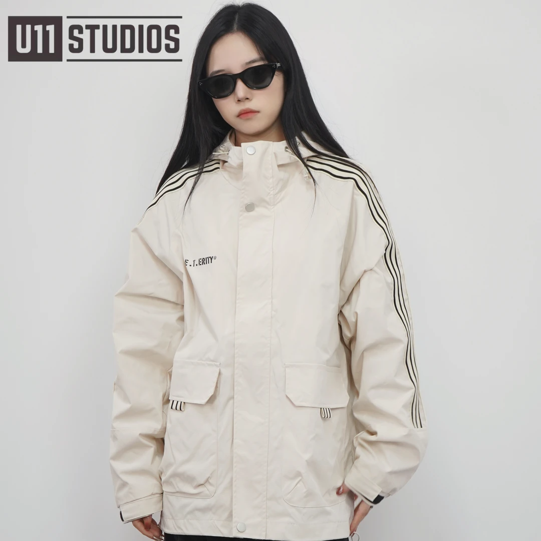 U11studios大码男装免烫条纹工装冲锋衣连帽拼接户外夹克防风