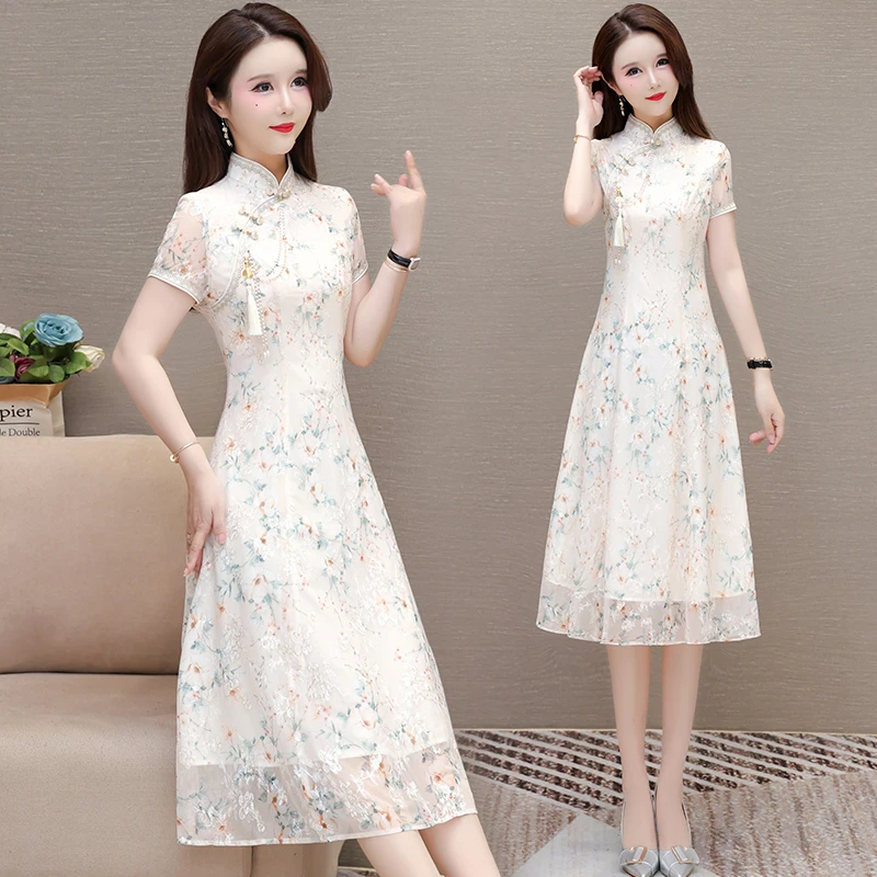 【欧赛雅文】国风改良旗袍连衣裙女2025新款夏季收腰复古印花a字