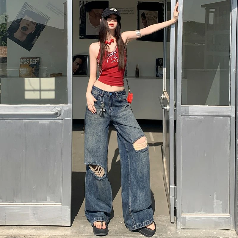 复古蓝水洗做旧破洞牛仔裤女2025新款美式高街宽松显瘦直筒阔腿裤