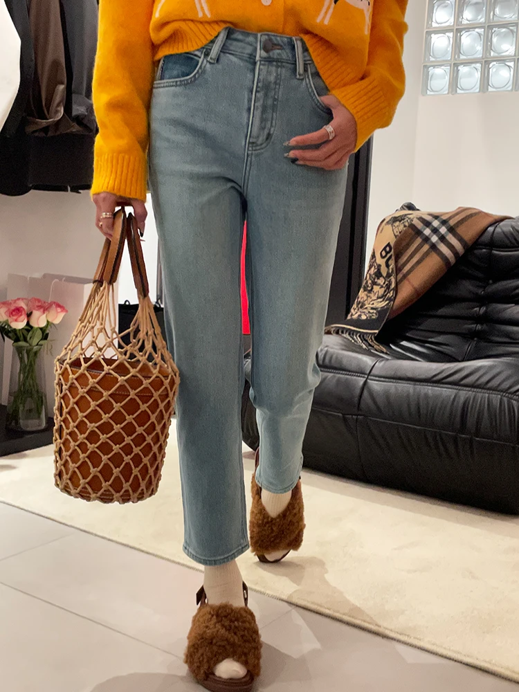 卡布加绒牛仔裤女Kabodo83028A冬季修身直筒裤高腰浅色九分烟管裤