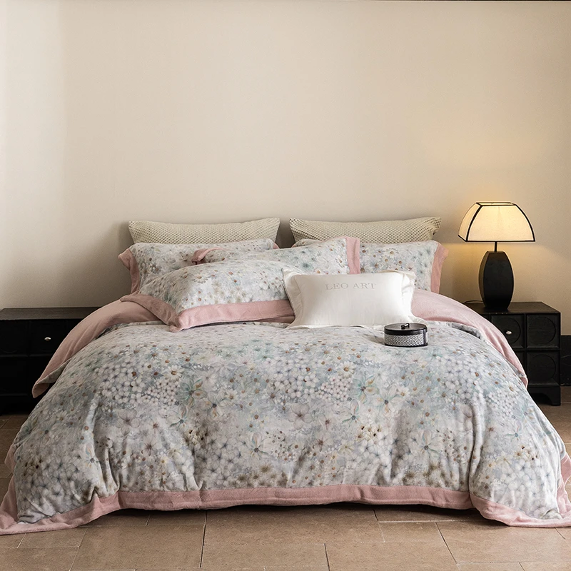 LA 8900 新款高克重加厚保暖牛奶绒印花四件套 雪松