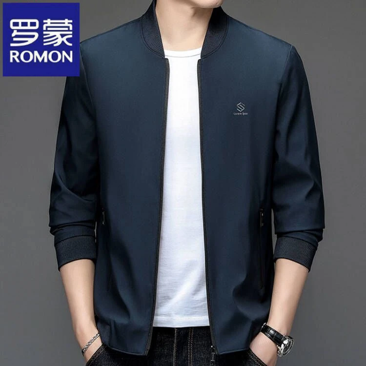 罗蒙春秋季新款薄款男士时尚休闲男装中年棒球领商务夹克外套潮流