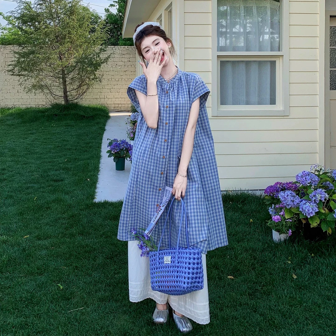 文艺复古格子小短袖连衣裙套装女