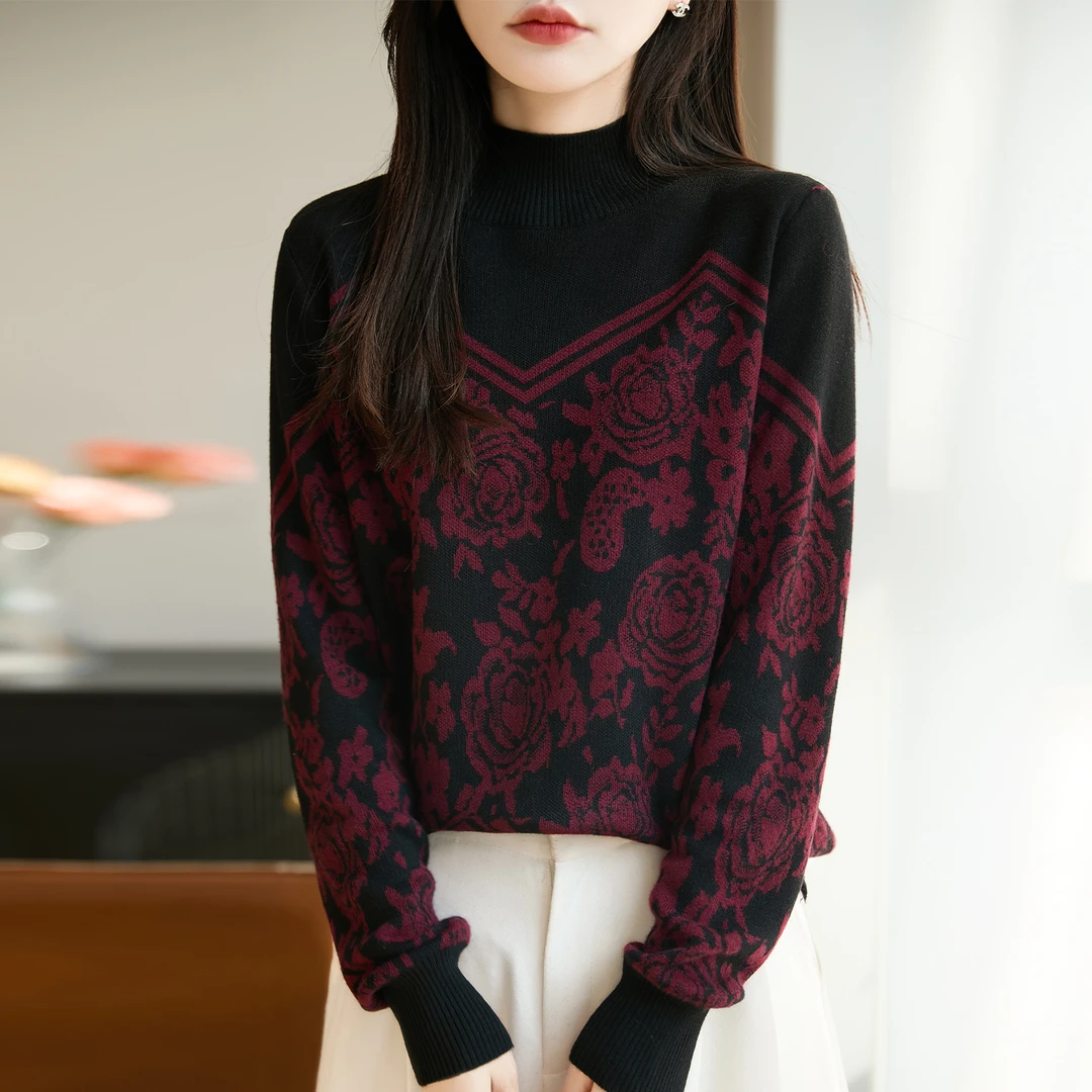 正品哥弟新款秋冬半高领重工提花羊毛针织衫宽松减龄显瘦百搭毛衣