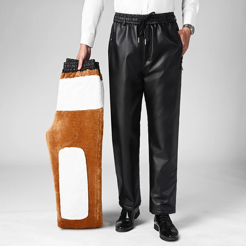 男士皮裤直筒加绒休闲裤冬季中老年抗寒防风皮毛一体保暖棉裤pu