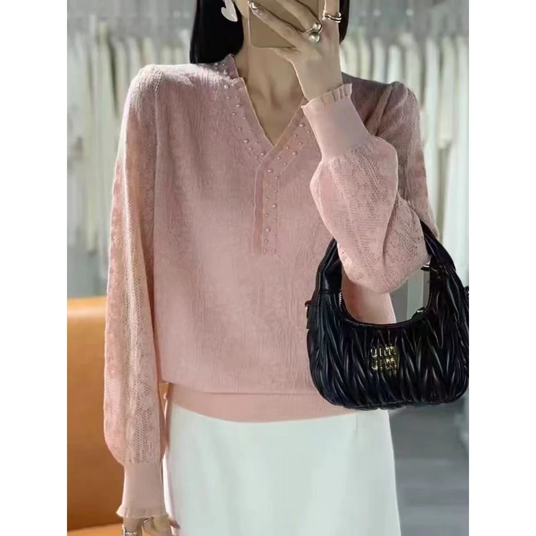 薄款春季时尚都市简约风潮牌女装针织衫V领上衣 新选f958