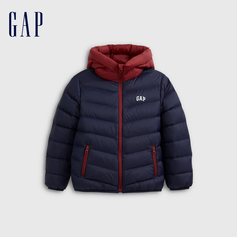 Gap男女童2025冬季新款logo撞色连帽羽绒服外套轻薄儿童装805338