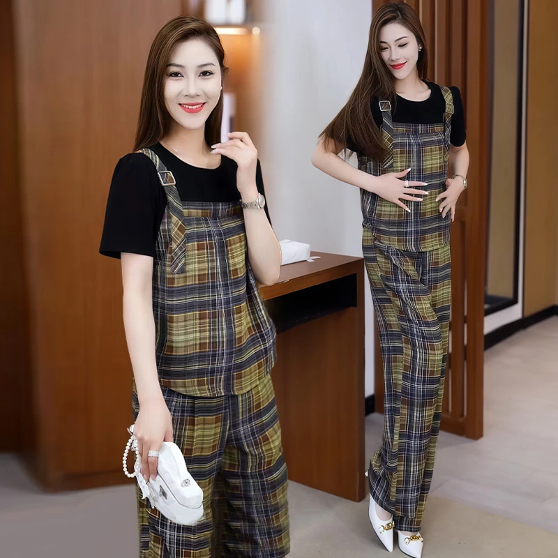休闲简约撞色运动服套装女2025夏季新款圆领拼接上衣阔腿裤两件套