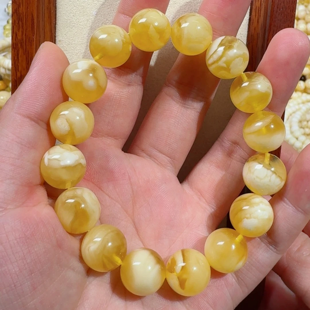 未镶嵌琥珀手链金白妖花圆珠手串