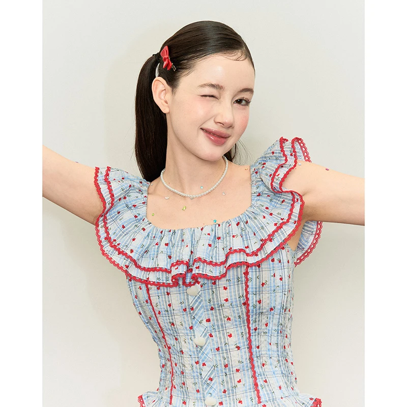 Kyoukobaby 芭比cursh少女感风琴褶上衣背心甜妹套装