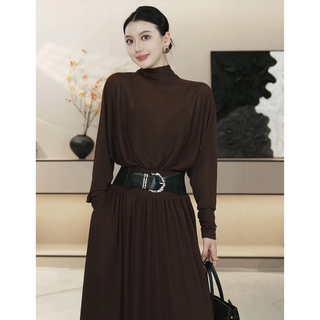 【暖弧漫纱】秋款高领蝙蝠袖轻奢时尚显瘦秋冬连衣裙SHBZWM652043