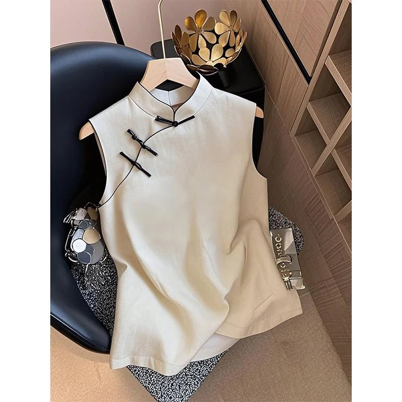 新中式国风旗袍上衣立领盘扣女2025夏季新款无袖小上衣薄荷曼波风