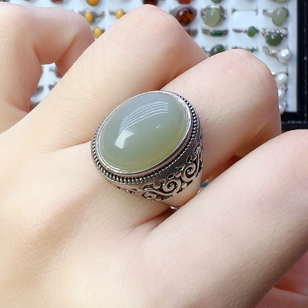 和田玉戒指银S925镶嵌