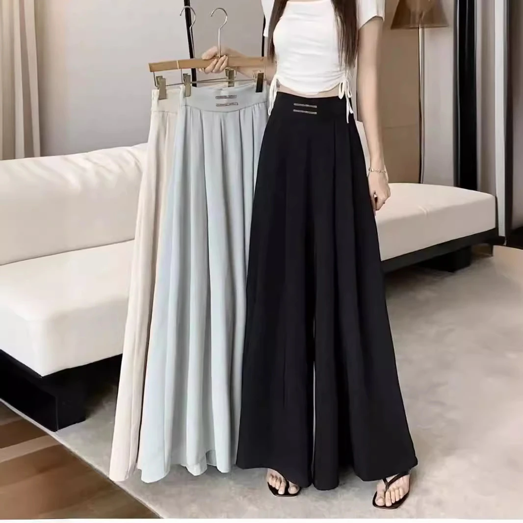 春夏秋季冰丝雪纺盘扣高腰百褶垂感阔腿垂坠感收腰遮肚长款裙裤子