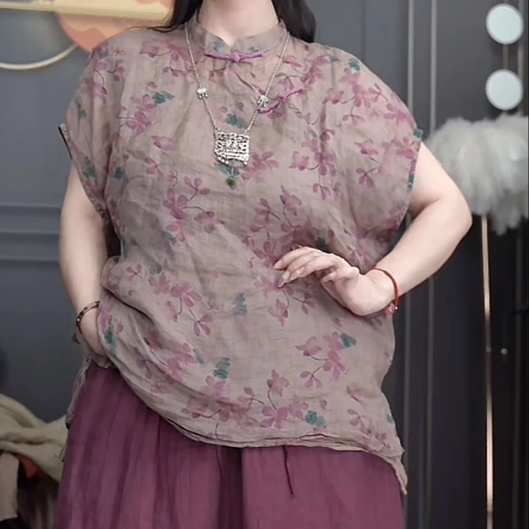 1281轻薄夏款 印花苎麻 传统中式立领衬衫 手工缝制盘扣 无袖上衣