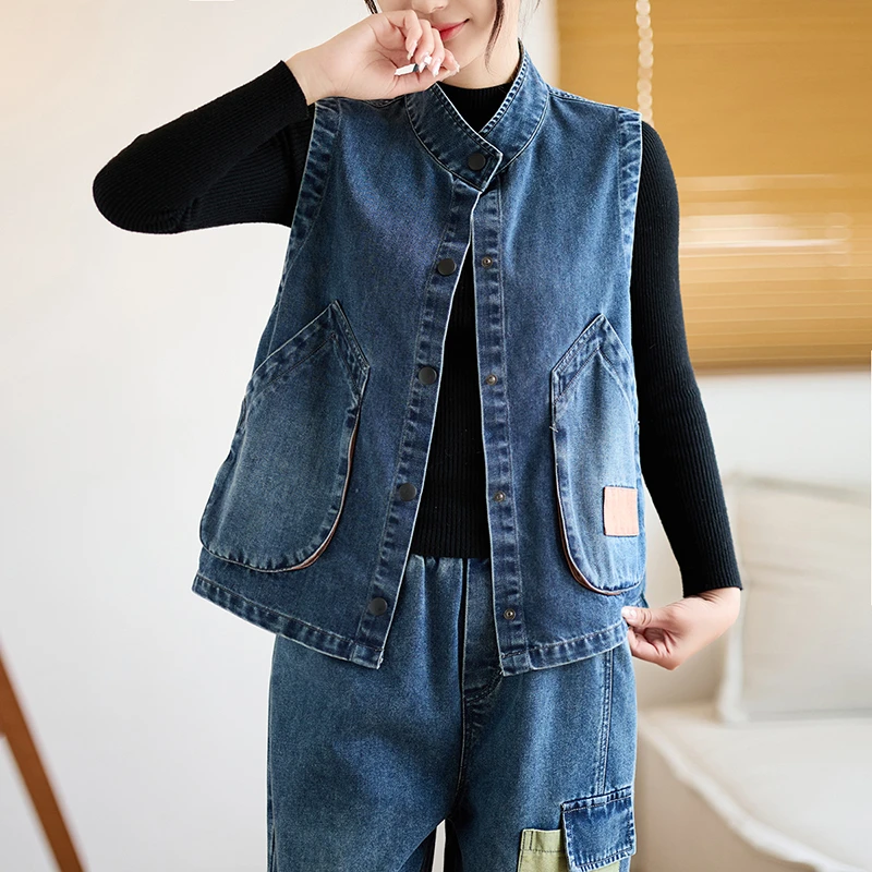 丹丹8700#2025春季复古牛仔马夹坎肩百搭背心贴布撞色牛仔马甲