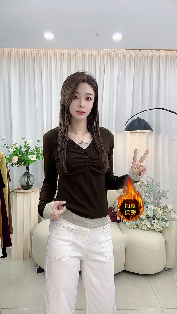 2025秋冬季新款时尚洋气假两件长袖T恤女设计感拼接纯色打底上衣