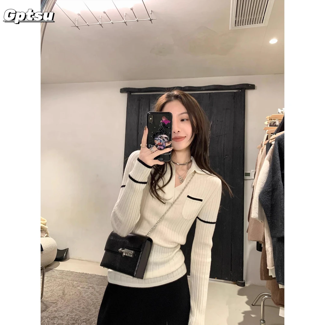 GPTSu白色针织打底衫女春秋长袖上衣复古撞色小香风内搭修身毛衣