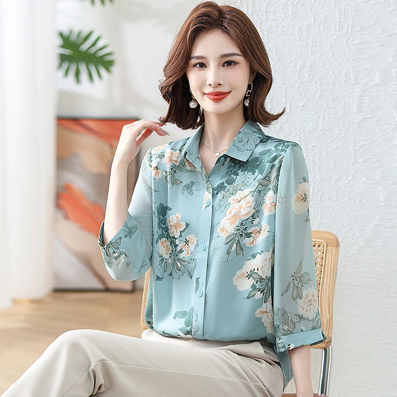 妈妈装七分袖雪纺衬衫新款夏装宽松显瘦洋气上衣时髦减龄衬衣