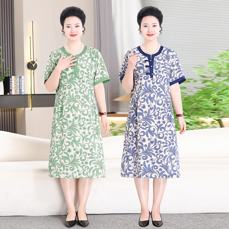 大码妈妈装夏季新款花色连衣裙中老年人时尚加肥加大裙子宽松2559