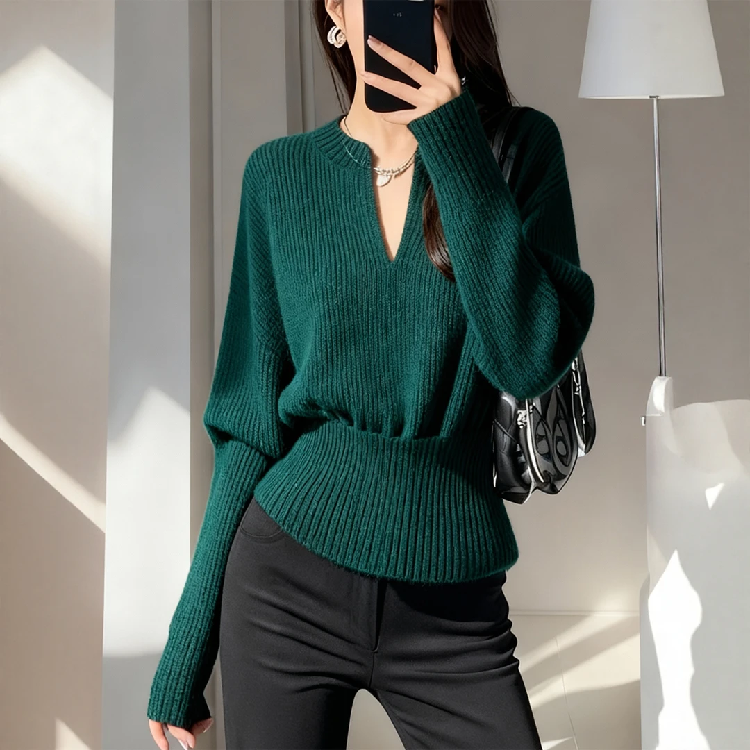 正品哥家绿色V领毛衣女2025秋冬新款轻奢高级感气质收腰内搭上衣