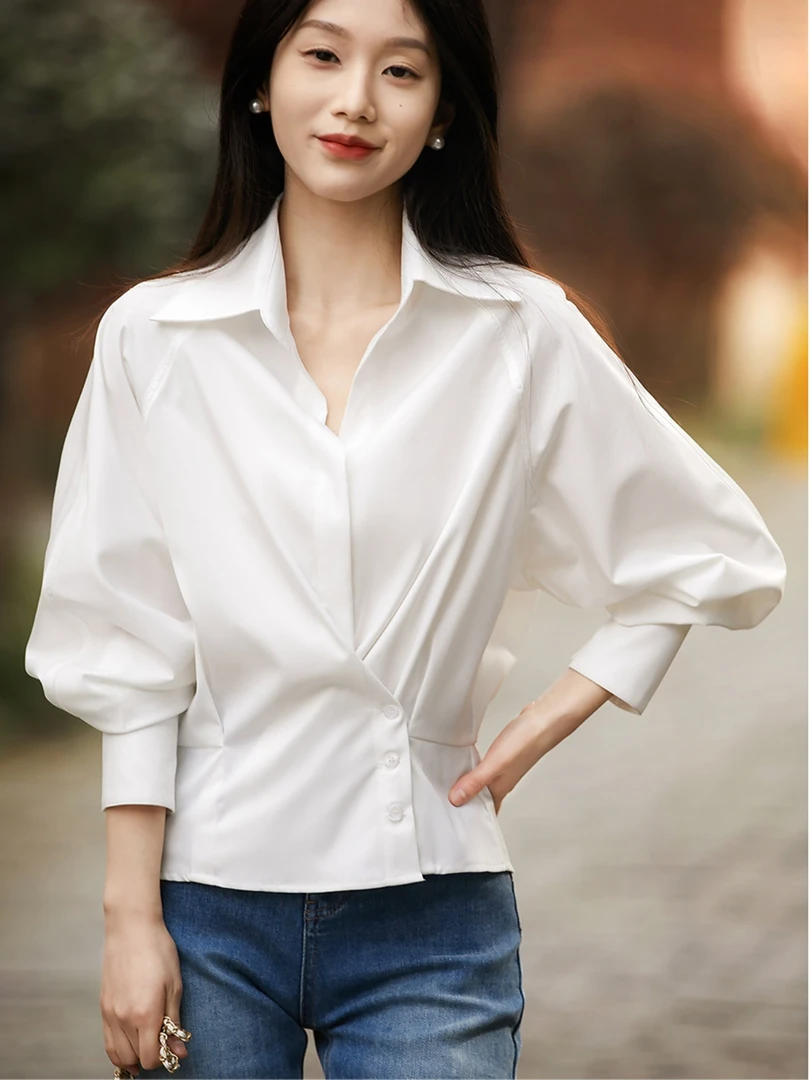 时尚洋气白色新款女装衬衣斜扣气质两穿百搭收腰显瘦翻领小众衬衫
