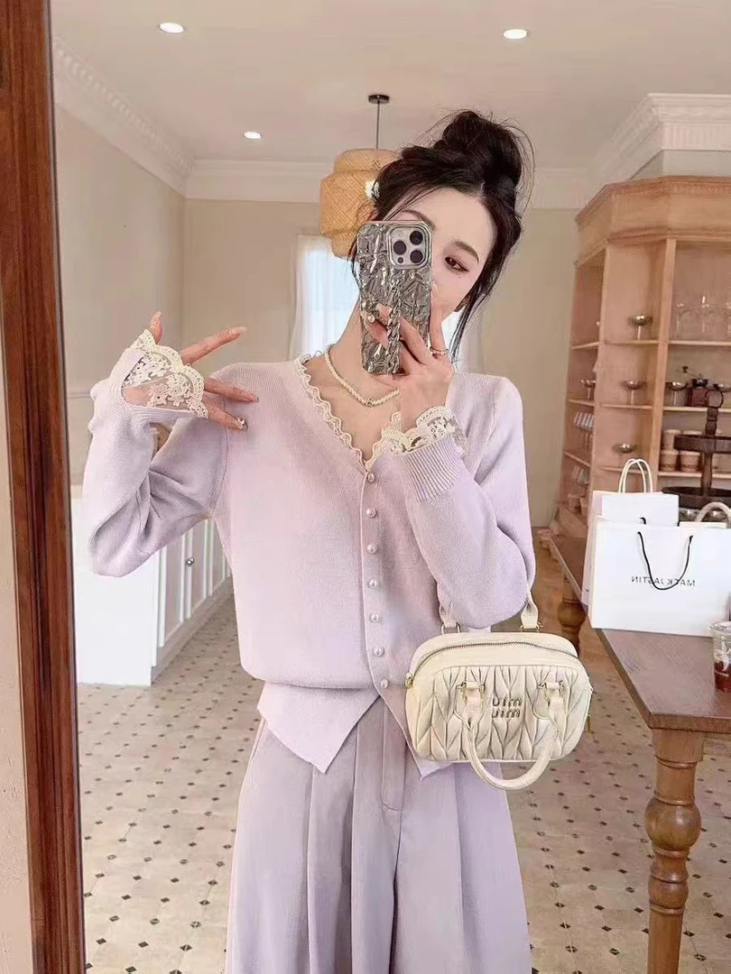 法式慵懒风百搭针织衫毛衣秋季氛围感蕾丝针织衫开衫上衣女H808