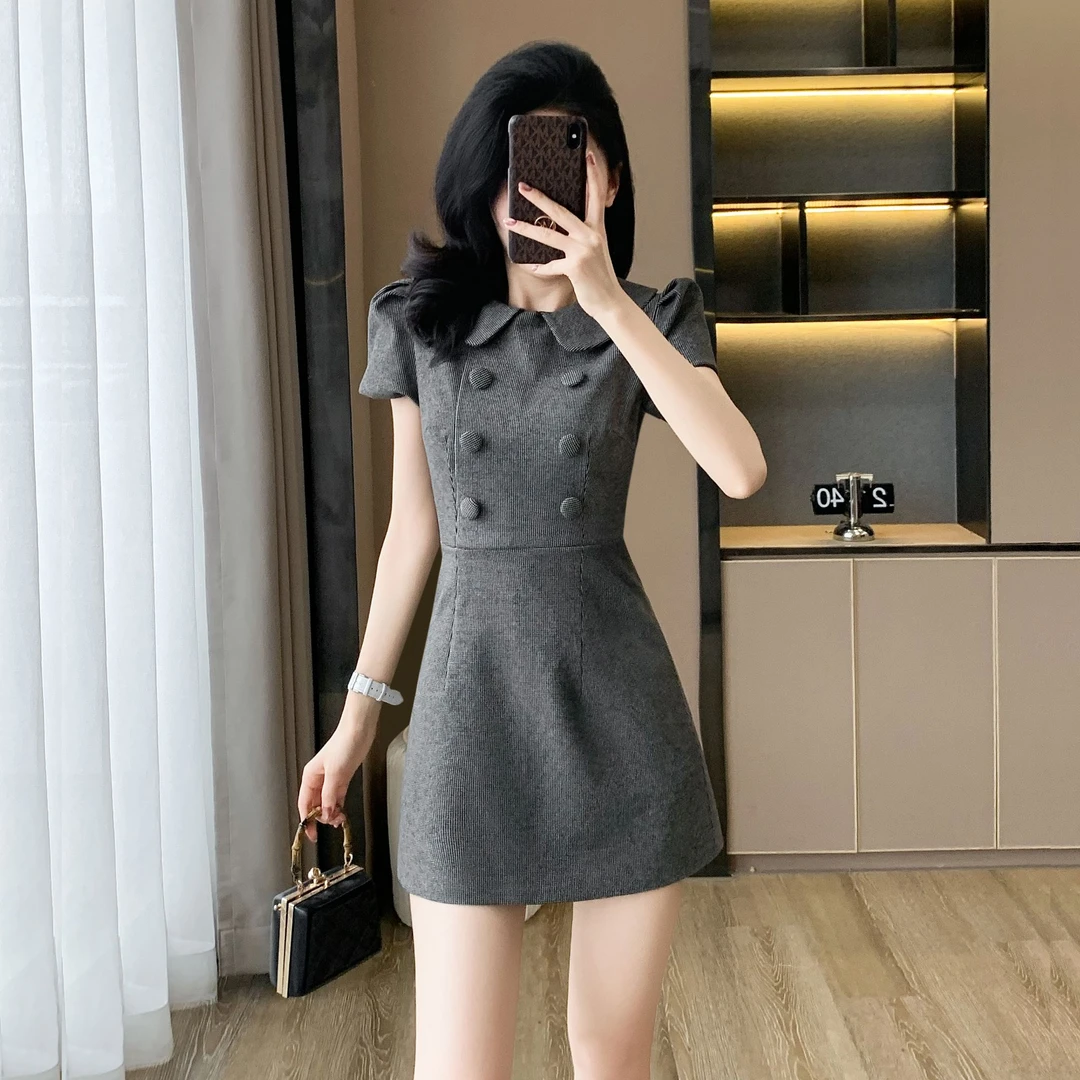夏季新款法式气质格纹连衣裙女小个子娃娃领收腰显瘦时尚短款裙子