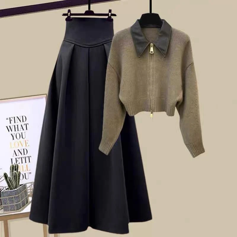 大码胖mm遮肉显瘦套装女秋冬季学院风长袖半身长裙大码mm显瘦遮肉